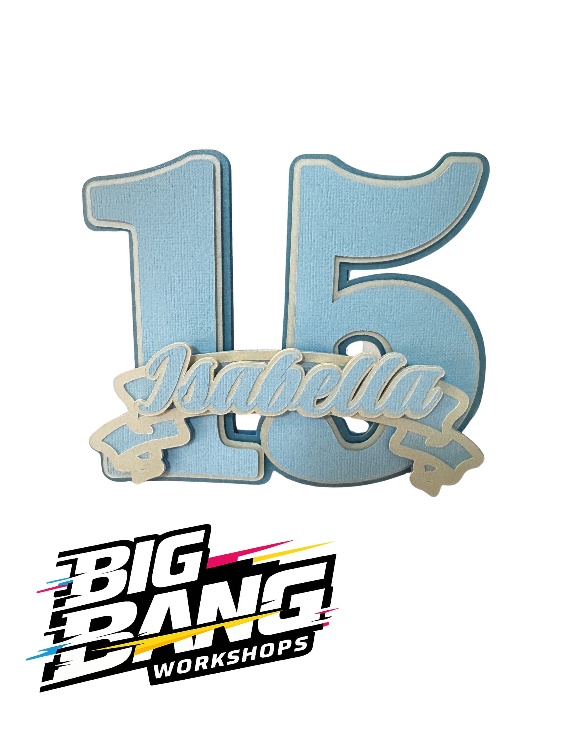 Topper número '15' decorativo con nombre personalizado - Big Bang Workshops