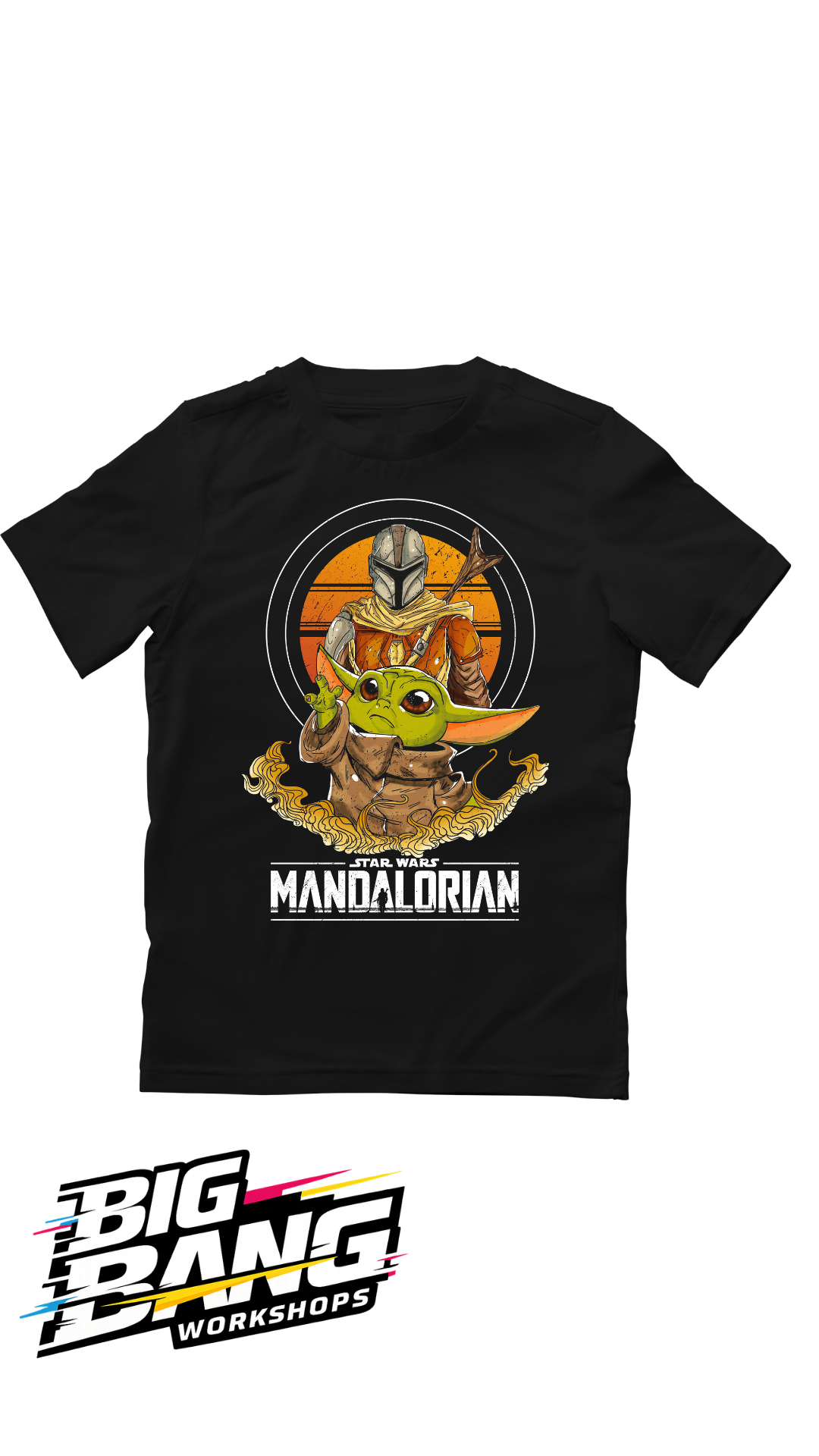 The Mandalorian Mando and Grogu Sunset Duo black t-shirt - Big Bang Workshops