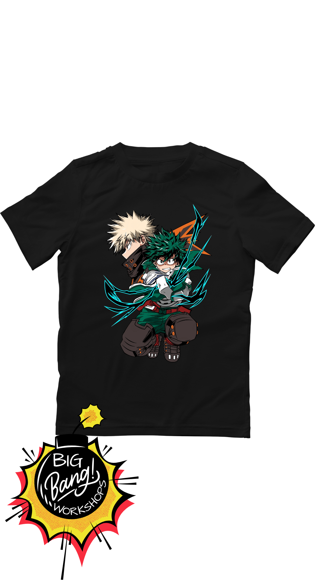 Playera negra con diseño anime de personaje con cabello espinado y arma grande - Big Bang Workshops